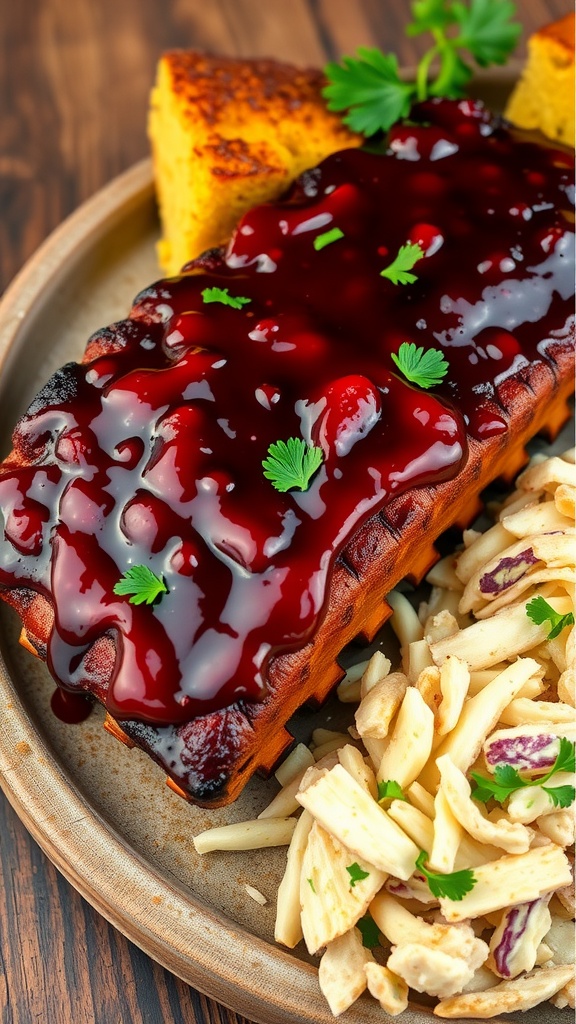 Smoky barbecue ribs with barbecue sauce, served with coleslaw and cornbread on a rustic table.